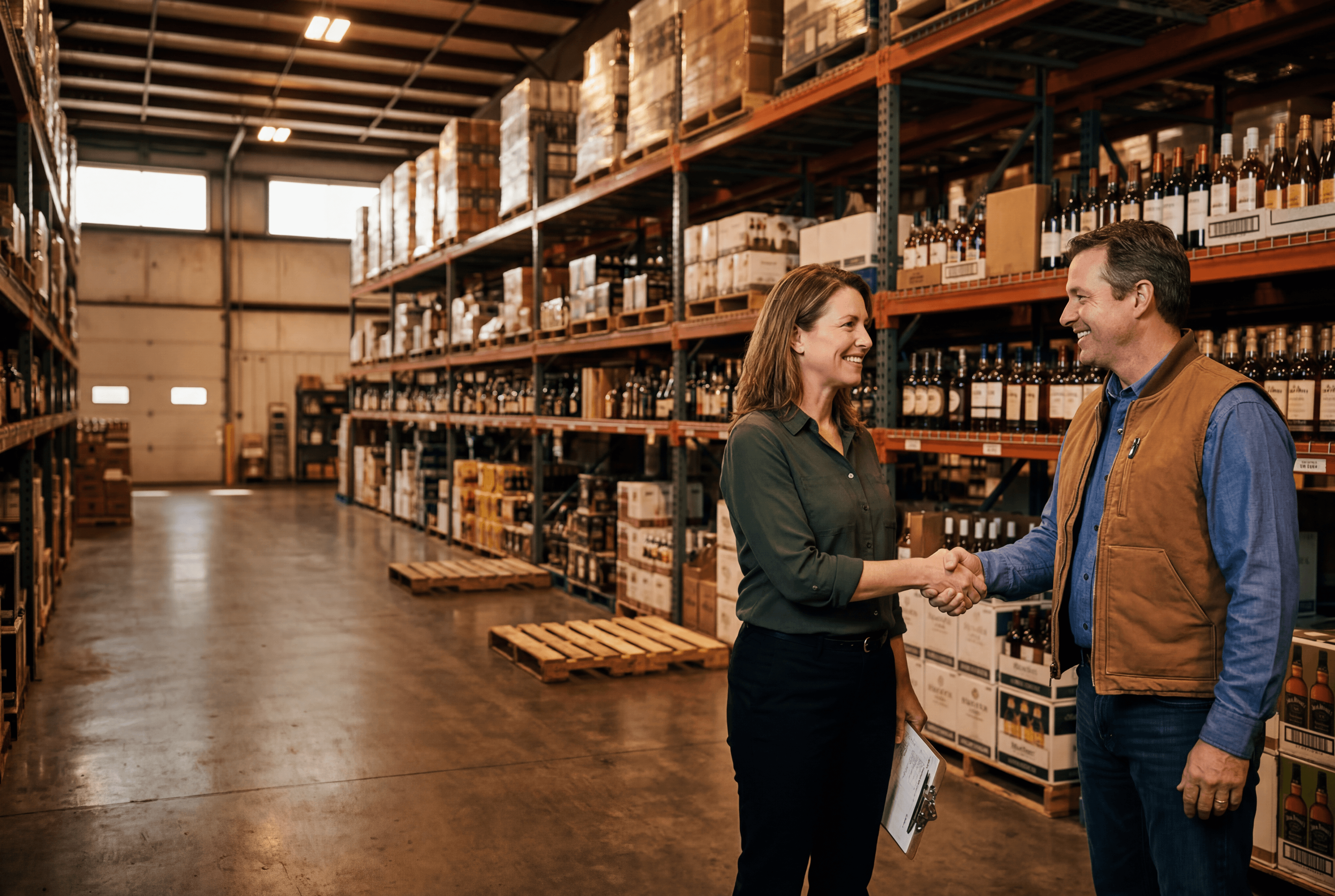 Two business partners shaking hands in a liquor distribution warehouse